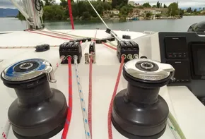Sailing yacht deck with winches and ropes, Leopard 45, 2017 model.