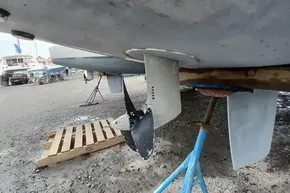 2024 Lagoon 42 catamaran propeller and rudder on dry dock.