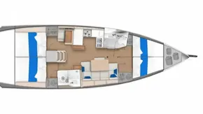 Floor plan of a 2019 Jeanneau Sun Odyssey 440 sailboat, featuring cabins and living areas.