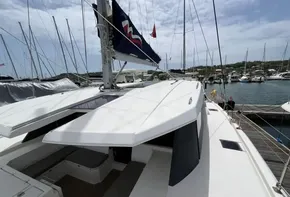 2019 Leopard 45 catamaran docked at a marina with other boats.