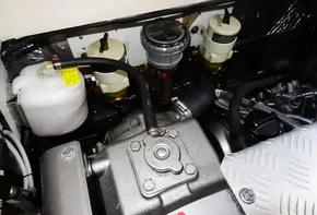 Engine compartment of a 2020 Leopard 43 Powercat with visible components and wiring.