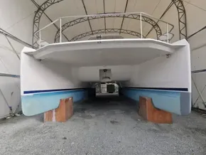 2017 Leopard 43 Powercat catamaran in dry dock for maintenance.