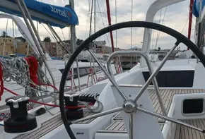 Beneteau Oceanis 51.1 sailboat cockpit with steering wheel, 2018 model.