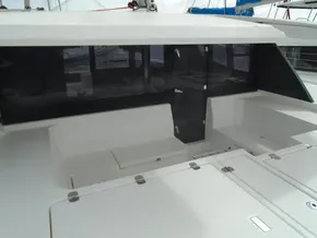 Leopard 45 catamaran 2017 model, spacious cockpit seating area with storage compartments.