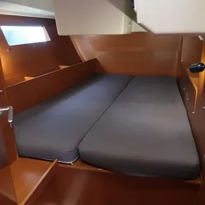 Interior cabin of 2019 Beneteau Oceanis 41.1 yacht with double bed.