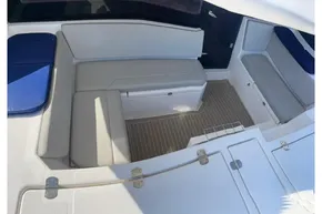 2022 Leopard 45 yacht interior with cushioned seating and sleek design.