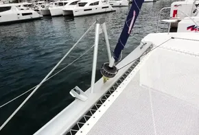 Leopard 50 catamaran deck with marina view, 2020 model.
