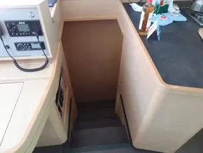 Interior stairs of a 2020 Lagoon 42 catamaran yacht.