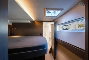 Luxurious interior cabin of 2025 Leopard 46 yacht with modern design and lighting.