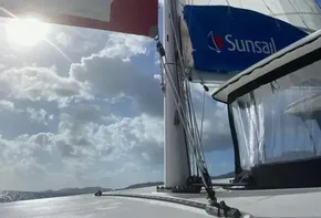 Lagoon 42 sailboat with Sunsail branding, sailing under clear skies, 2020 model.