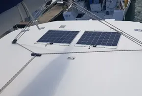 Solar panels on the deck of a 2017 Leopard 48 catamaran.