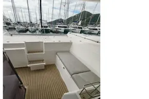 2019 Leopard 50 yacht deck with seating, docked at marina.