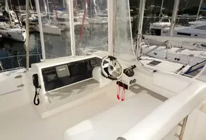 Helm station of 2017 Leopard 43 Powercat with modern navigation equipment.