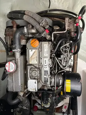 Engine of a 2019 Leopard 40, showcasing intricate mechanical components and hoses.
