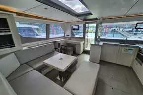 Interior of Leopard 45 yacht, modern design, harbor view.