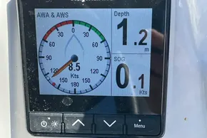 Sailing instrument display on 2019 Jeanneau Sun Odyssey 389 showing depth and speed.