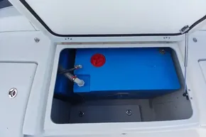 Storage compartment with blue tank in 2020 Lagoon 46 catamaran.