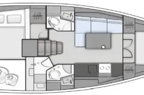 Floor plan of a 2019 Beneteau Oceanis 38.1 sailboat, featuring cabins and living areas.