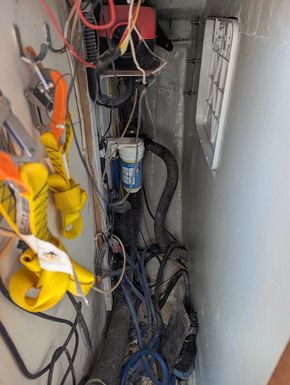 Wet gear locker with water filter, new water pump, disconnected diesel heater, connection for calorifier adjacent to heads and former shower unit