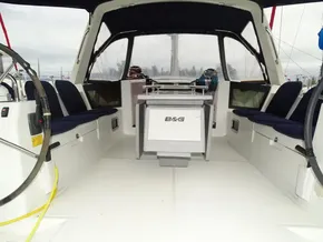 2017 Beneteau Oceanis 45 yacht cockpit with seating and navigation equipment.