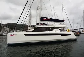 2020 Leopard 50 catamaran docked in a marina.