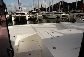 2017 Leopard 43 Powercat docked at a marina with other boats.
