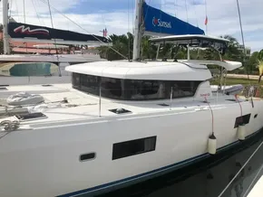 2020 Lagoon 42 catamaran docked, featuring Sunsail branding.