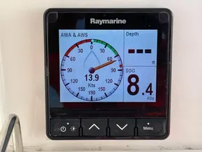 Raymarine display on 2020 Leopard 40 showing wind speed, depth, and speed over ground.