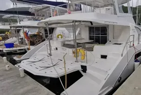 2019 Leopard 51 Powercat docked at marina, rear view.