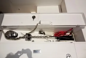 Anchor locker of a 2017 Leopard 43 Powercat with chain and windlass.