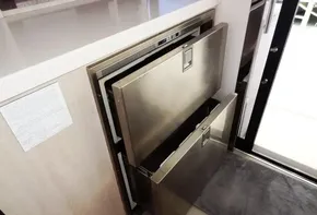 Stainless steel refrigerator drawers on a 2017 Leopard 43 Powercat yacht.