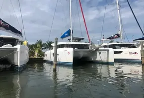 2020 Lagoon 42 catamarans docked at a marina.