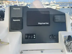 Leopard 45 yacht dashboard with Raymarine navigation equipment, 2019 model, docked at marina.