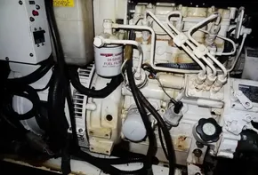 Engine compartment of a 2018 Leopard 43 Powercat with fuel filter and wiring.