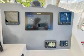 Control panel of a 2021 Leopard 50 yacht with Raymarine navigation displays.