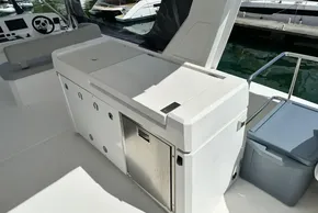 Leopard 53 Powercat 2022 yacht interior with sleek white cabinetry and modern design.