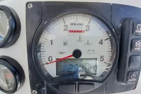 Yanmar RPM gauge on 2018 Leopard 45 boat dashboard, showing engine indicators.