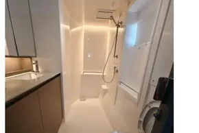 Modern bathroom in 2021 Leopard 50 yacht with shower, sink, and toilet.
