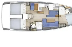 Floor plan of 2020 Jeanneau Sun Odyssey 410 sailboat, featuring cabins and living areas.