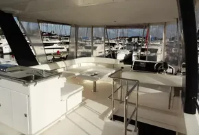 Interior of 2017 Leopard 43 Powercat yacht with marina view.