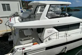 2025 Robertson and Caine Leopard 46 Powercat docked at marina, showcasing sleek design.