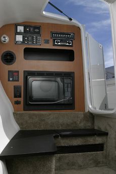 Crownline Bowrider 320 LS - Forward cabin bulkhead with stereo controls, shore power panel, circuit breakers, A/C controls, 120 V receptacle and microwave.