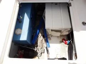 Storage compartment of a 2021 Leopard 40 boat with ropes and equipment.
