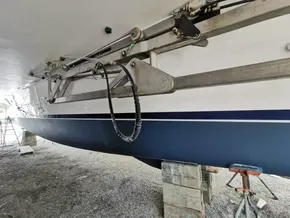 2015 Leopard 51 Powercat boat hull on dry dock for maintenance.