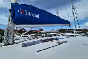 Leopard 45 catamaran with Sunsail branding docked at a marina, 2020 model.