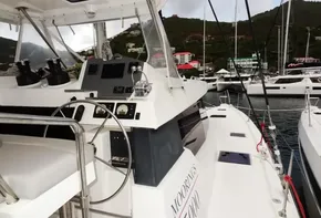 Leopard 50 yacht cockpit and helm station in marina, 2020 model.