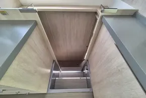 Modern kitchen cabinetry in a 2021 Leopard 45 yacht interior.