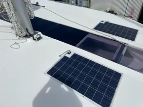 Solar panels on a 2020 Leopard 50 yacht deck, showcasing sustainable energy features.