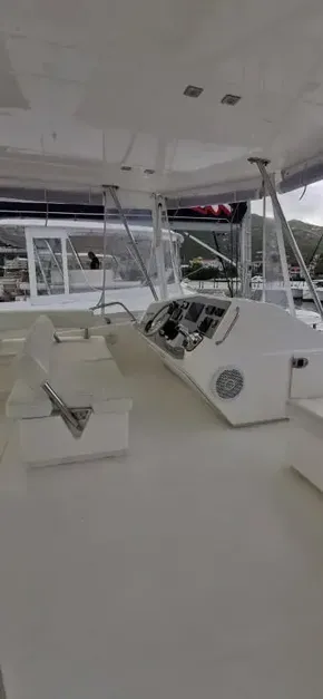 2019 Leopard 51 Powercat yacht interior with helm station and seating area.