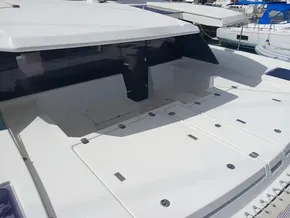 2019 Leopard 45 yacht deck with seating area and storage compartments.